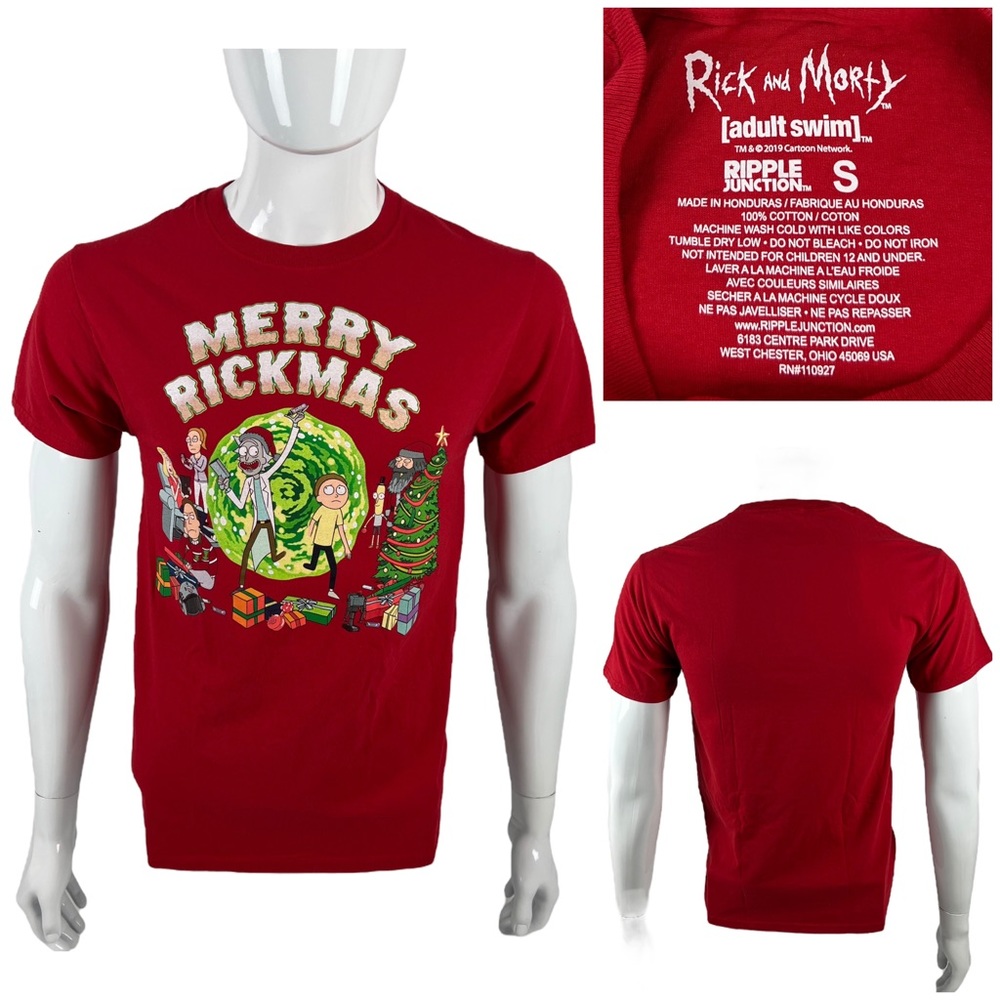 Rick & Morty Christmas Holiday Adult Swim Shirt Small Tee Merry Rickmas Red EUC
